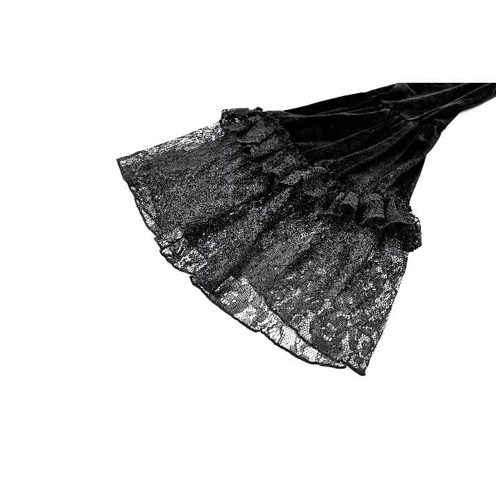 Gothic-Bluse aus Samt für Damen mit floralen Applikationen, gerafften Glockenärmeln und Rüschen.