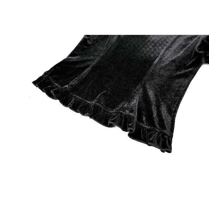 Gothic-Bluse aus Samt für Damen mit floralen Applikationen, gerafften Glockenärmeln und Rüschen.