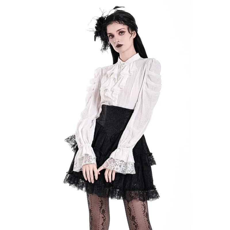 Gothic-Bluse für Damen mit Rüschen, Stehkragen und Puffärmeln