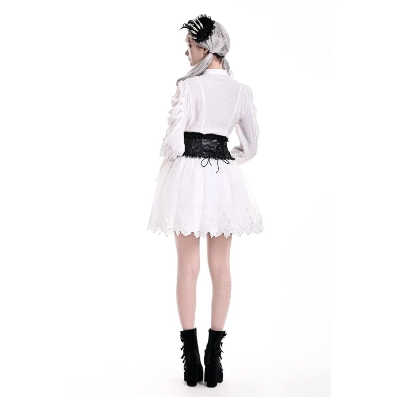 Gothic-Bluse für Damen mit Rüschen, Stehkragen und Puffärmeln
