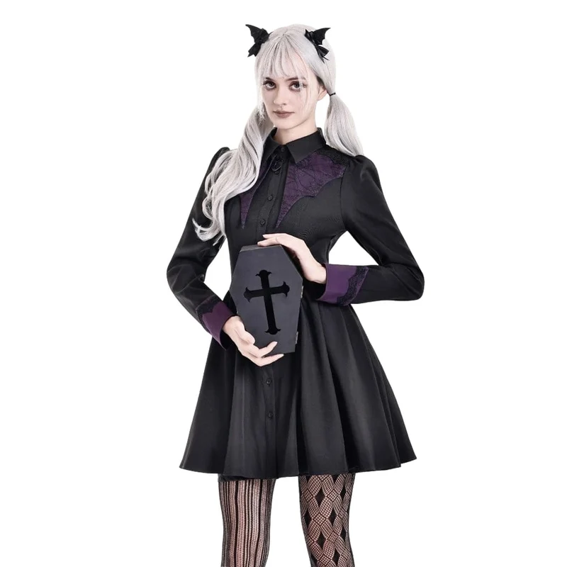 Gothic-Kleid für Damen mit Fledermausflügel-Patchwork, zweifarbig, langärmelig, kurzes Abschlusskleid
