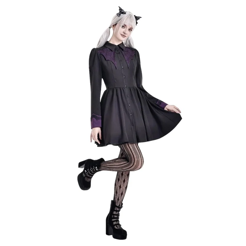 Gothic-Kleid für Damen mit Fledermausflügel-Patchwork, zweifarbig, langärmelig, kurzes Abschlusskleid
