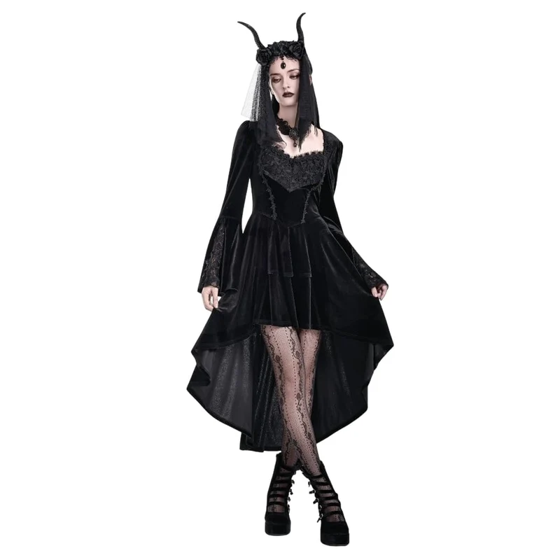 Gothic-Kleid aus Samt für Damen mit Rosenmuster, Spitzeneinsatz, Rüschen, asymmetrischem Saum und ausgestellten Ärmeln – ideal für Abschlussfeiern