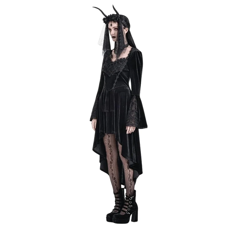Gothic-Kleid aus Samt für Damen mit Rosenmuster, Spitzeneinsatz, Rüschen, asymmetrischem Saum und ausgestellten Ärmeln – ideal für Abschlussfeiern