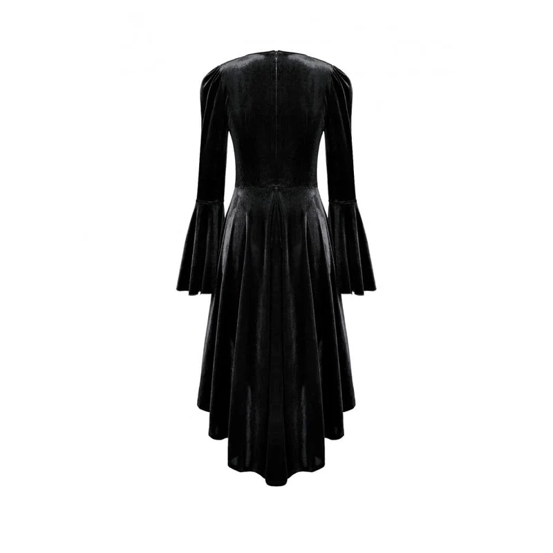 Gothic-Kleid aus Samt für Damen mit Rosenmuster, Spitzeneinsatz, Rüschen, asymmetrischem Saum und ausgestellten Ärmeln – ideal für Abschlussfeiern