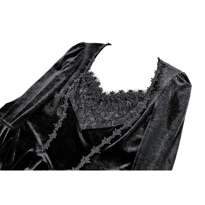 Gothic-Kleid aus Samt für Damen mit Rosenmuster, Spitzeneinsatz, Rüschen, asymmetrischem Saum und ausgestellten Ärmeln – ideal für Abschlussfeiern