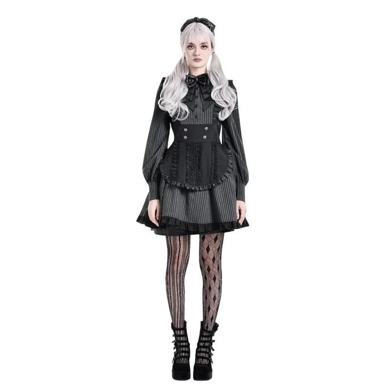 Gothic-Rüschenkleid mit Nadelstreifen, angedeutetem zweiteiligem Muster und langen Ärmeln für Damen im Dienstmädchenstil