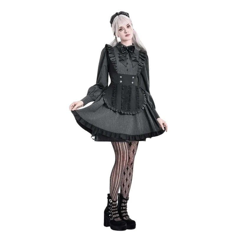 Gothic-Rüschenkleid mit Nadelstreifen, angedeutetem zweiteiligem Muster und langen Ärmeln für Damen im Dienstmädchenstil