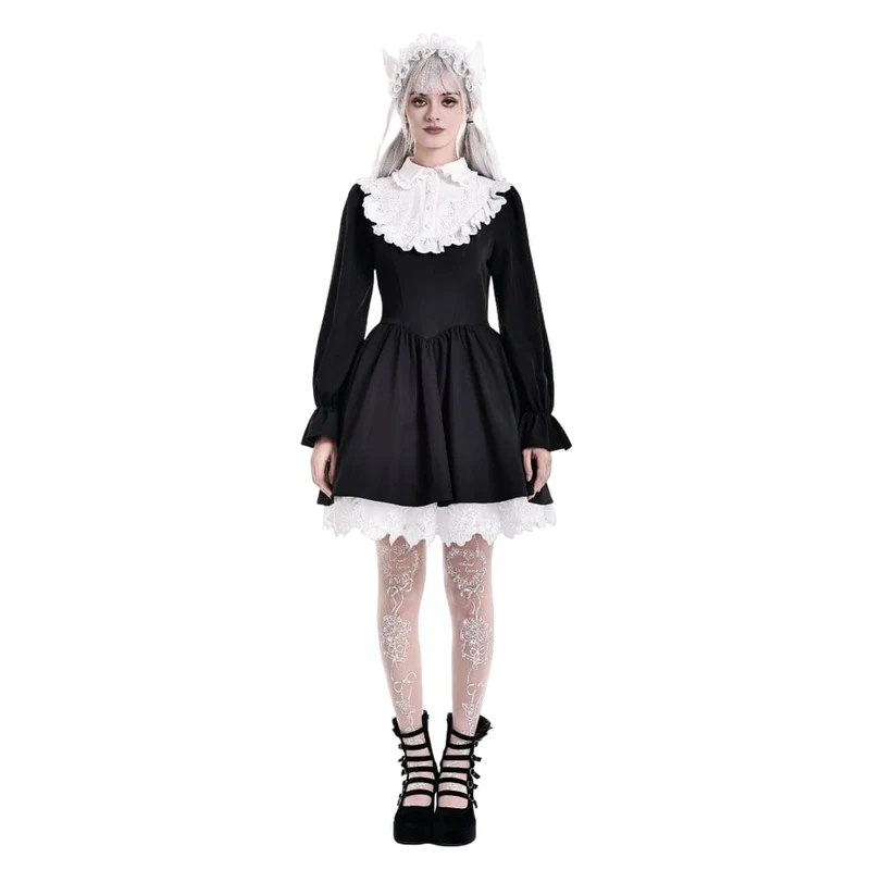 Gothic-Kurzkleid für Damen mit Rüschen, Umlegekragen und kontrastfarbenen Bischofsärmeln