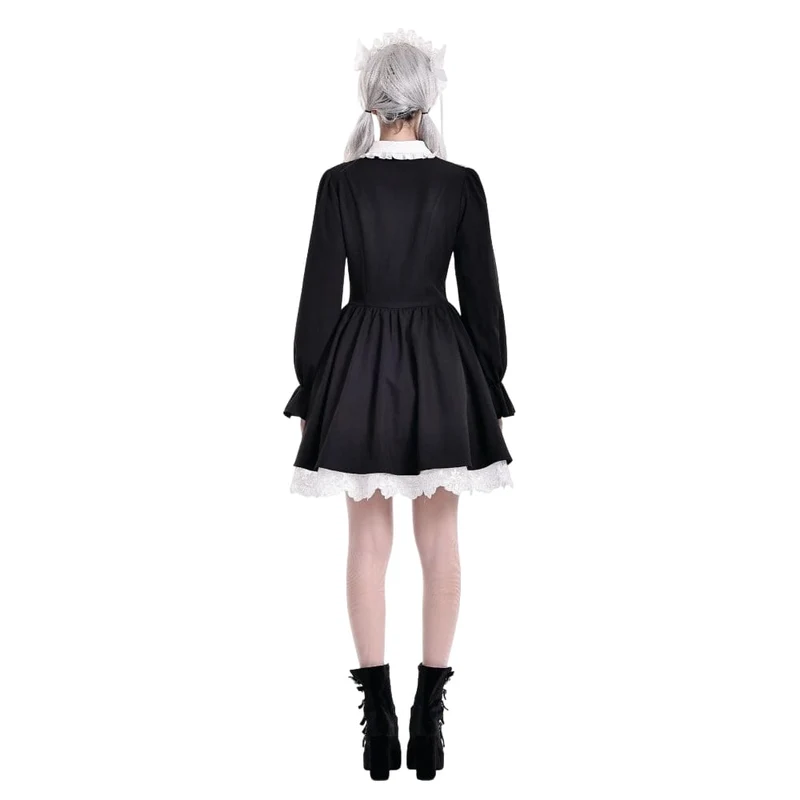 Gothic-Kurzkleid für Damen mit Rüschen, Umlegekragen und kontrastfarbenen Bischofsärmeln