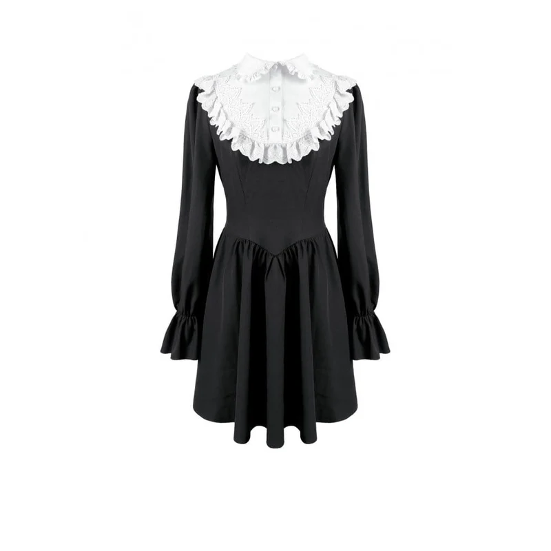 Gothic-Kurzkleid für Damen mit Rüschen, Umlegekragen und kontrastfarbenen Bischofsärmeln