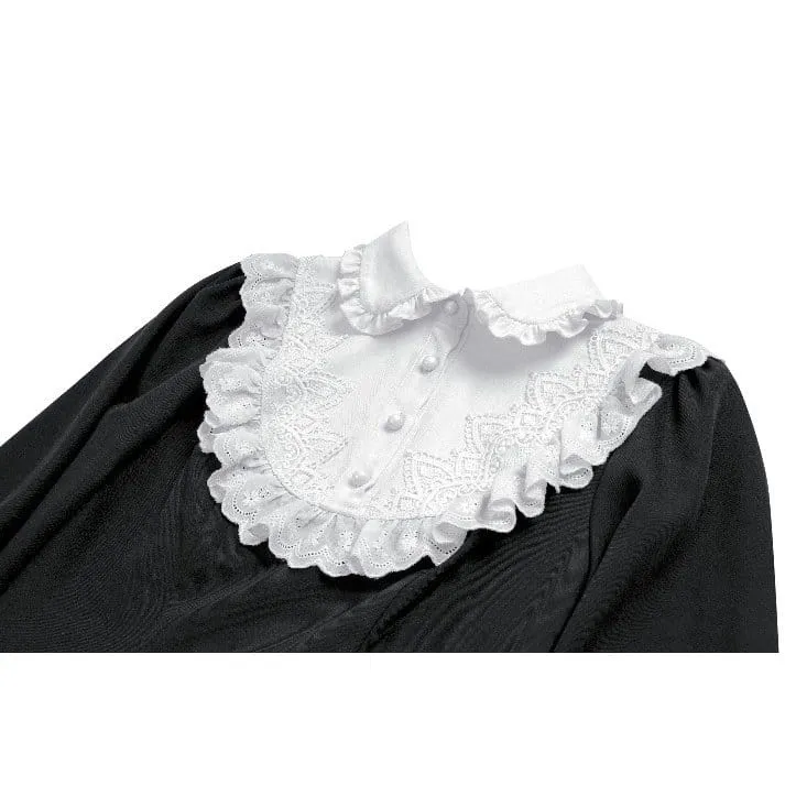 Gothic-Kurzkleid für Damen mit Rüschen, Umlegekragen und kontrastfarbenen Bischofsärmeln