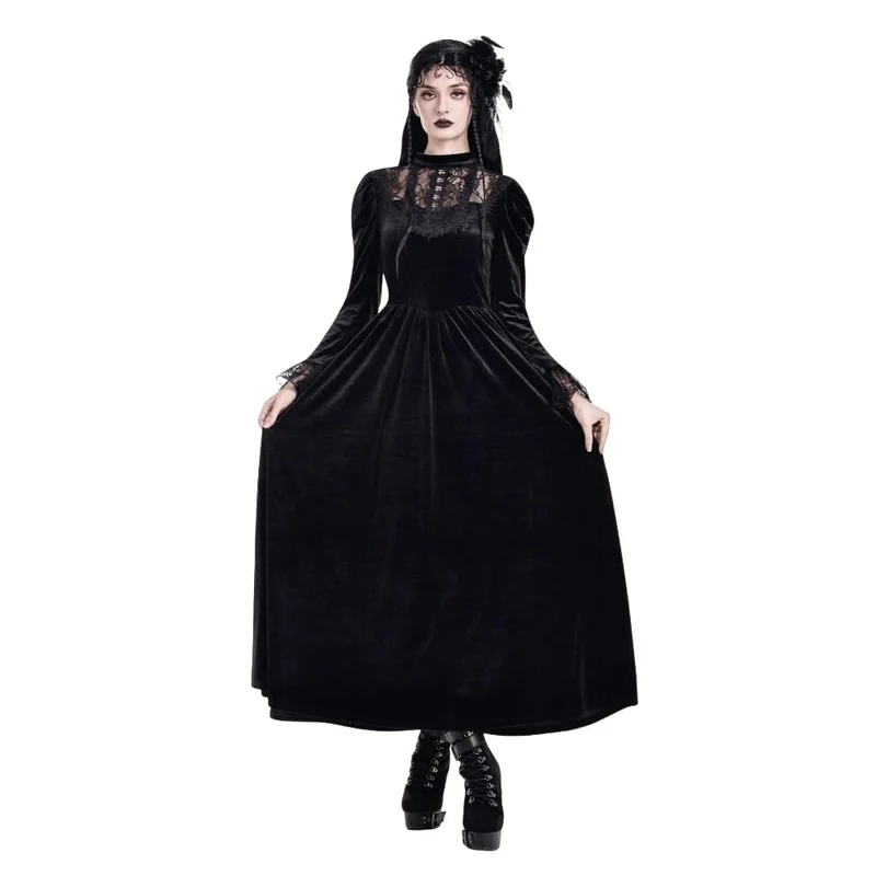 Gothic-Maxikleid aus Samt mit floraler Spitze, Puffärmeln und Brautkleid