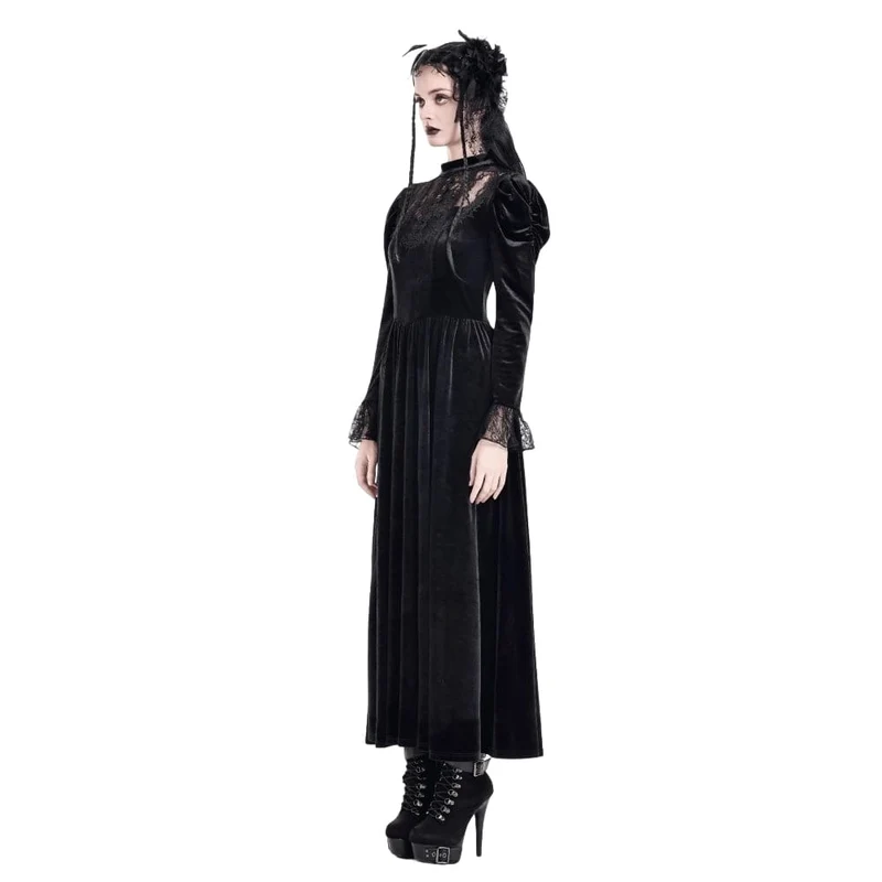 Gothic-Maxikleid aus Samt mit floraler Spitze, Puffärmeln und Brautkleid