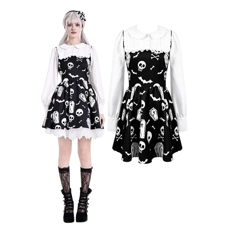 Gothic-Kleid für Damen mit Fledermaus-, Sarg- und Totenkopf-Print, Peter-Pan-Kragen, Bischofsärmeln und kurzem Schnitt