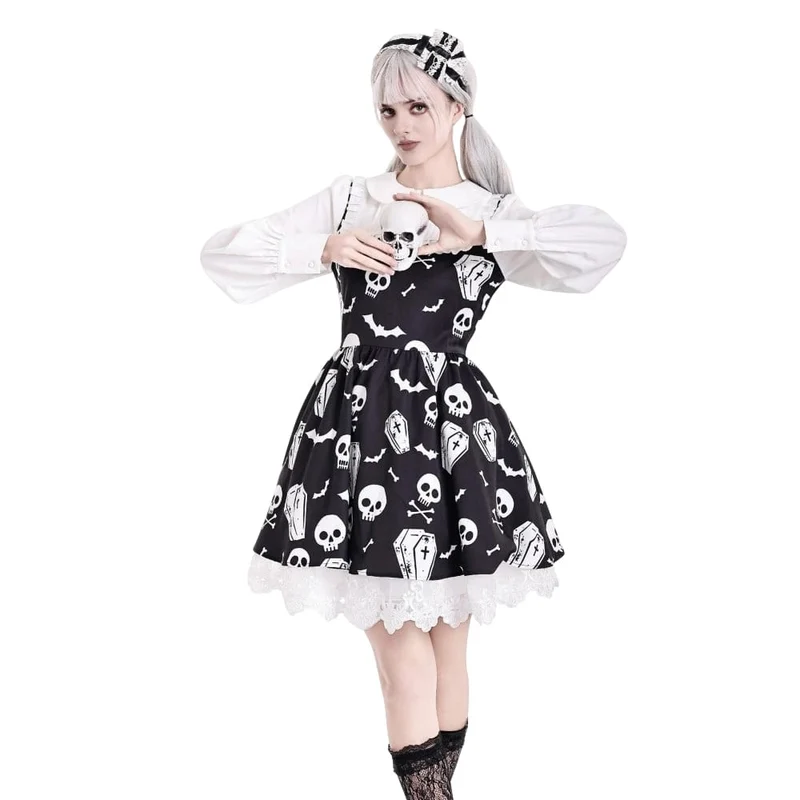 Gothic-Kleid für Damen mit Fledermaus-, Sarg- und Totenkopf-Print, Peter-Pan-Kragen, Bischofsärmeln und kurzem Schnitt