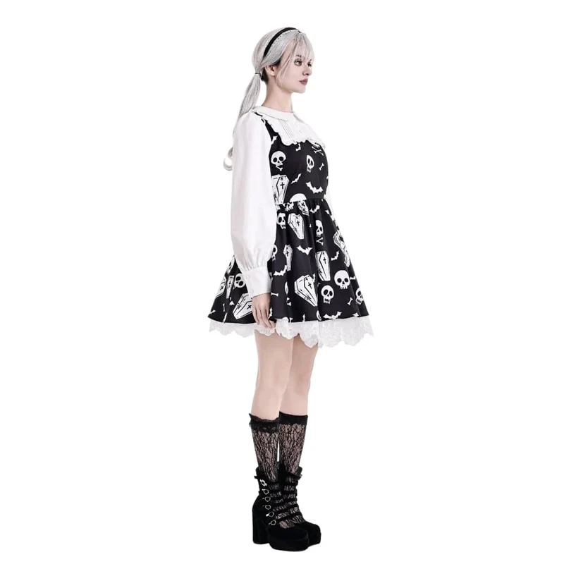 Gothic-Kleid für Damen mit Fledermaus-, Sarg- und Totenkopf-Print, Peter-Pan-Kragen, Bischofsärmeln und kurzem Schnitt