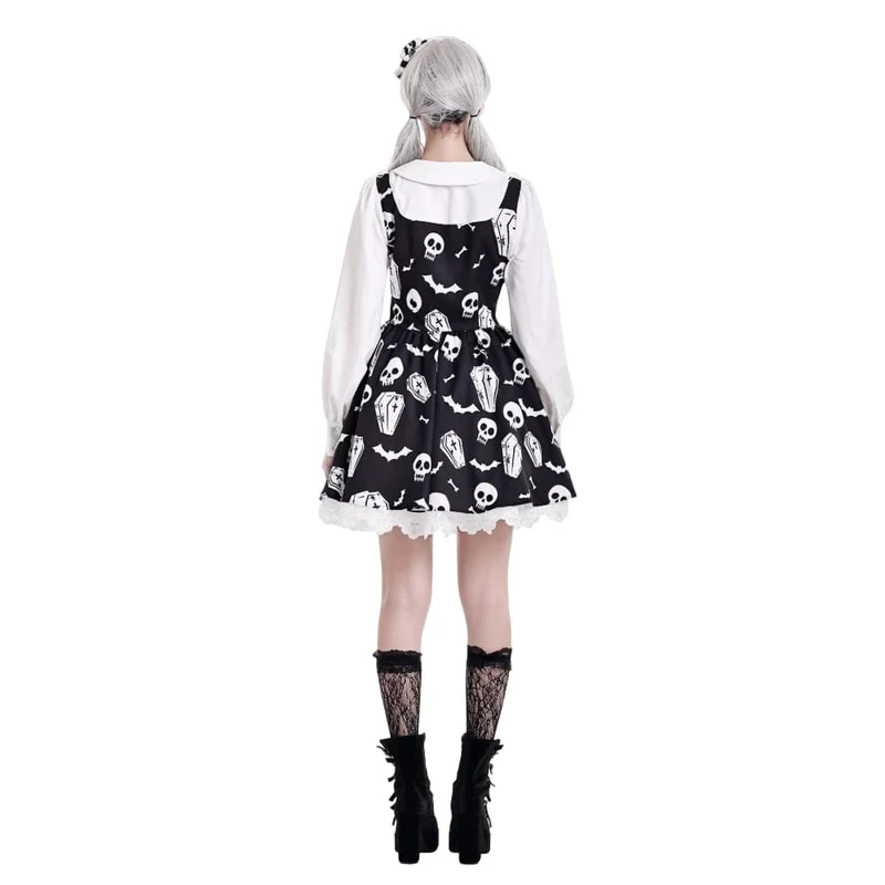 Gothic-Kleid für Damen mit Fledermaus-, Sarg- und Totenkopf-Print, Peter-Pan-Kragen, Bischofsärmeln und kurzem Schnitt