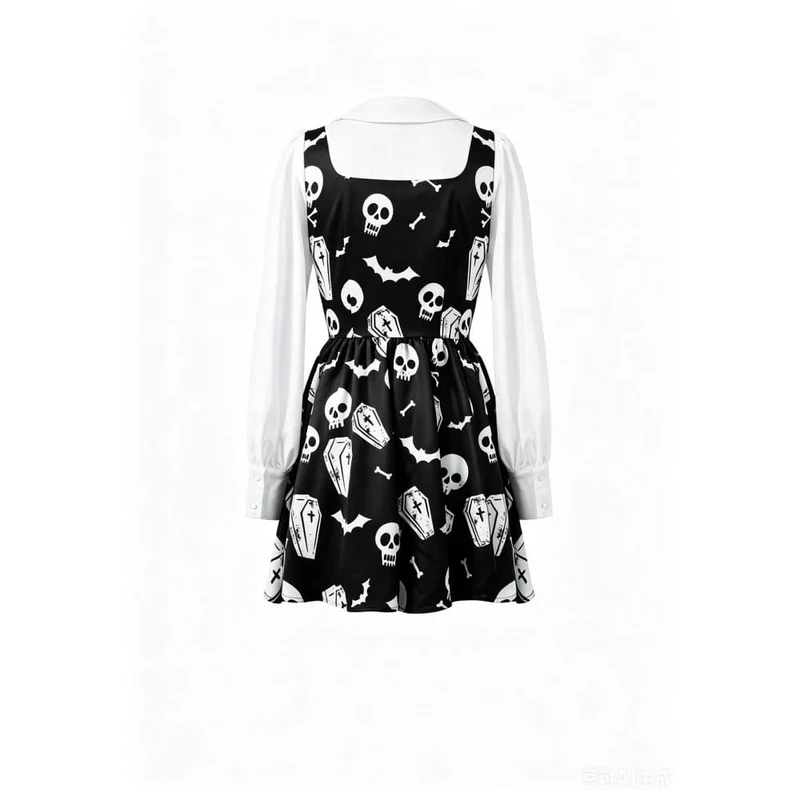 Gothic-Kleid für Damen mit Fledermaus-, Sarg- und Totenkopf-Print, Peter-Pan-Kragen, Bischofsärmeln und kurzem Schnitt