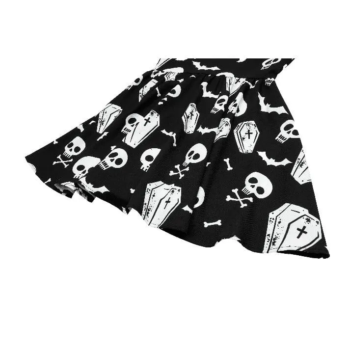 Gothic-Kleid für Damen mit Fledermaus-, Sarg- und Totenkopf-Print, Peter-Pan-Kragen, Bischofsärmeln und kurzem Schnitt