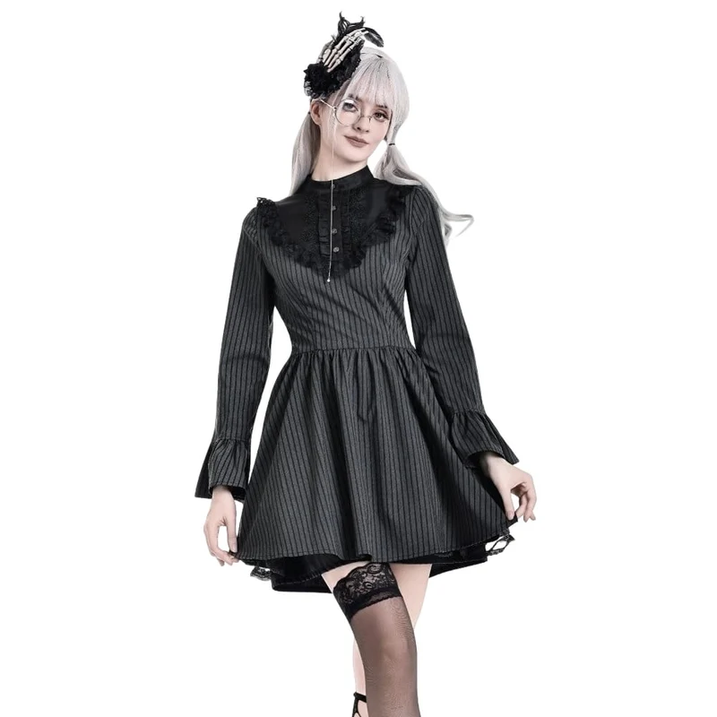 Gothic-Kleid für Damen mit Rüschen, Stehkragen, Nadelstreifen, langen Ärmeln und ausgestelltem Rock, Abschlusskleid