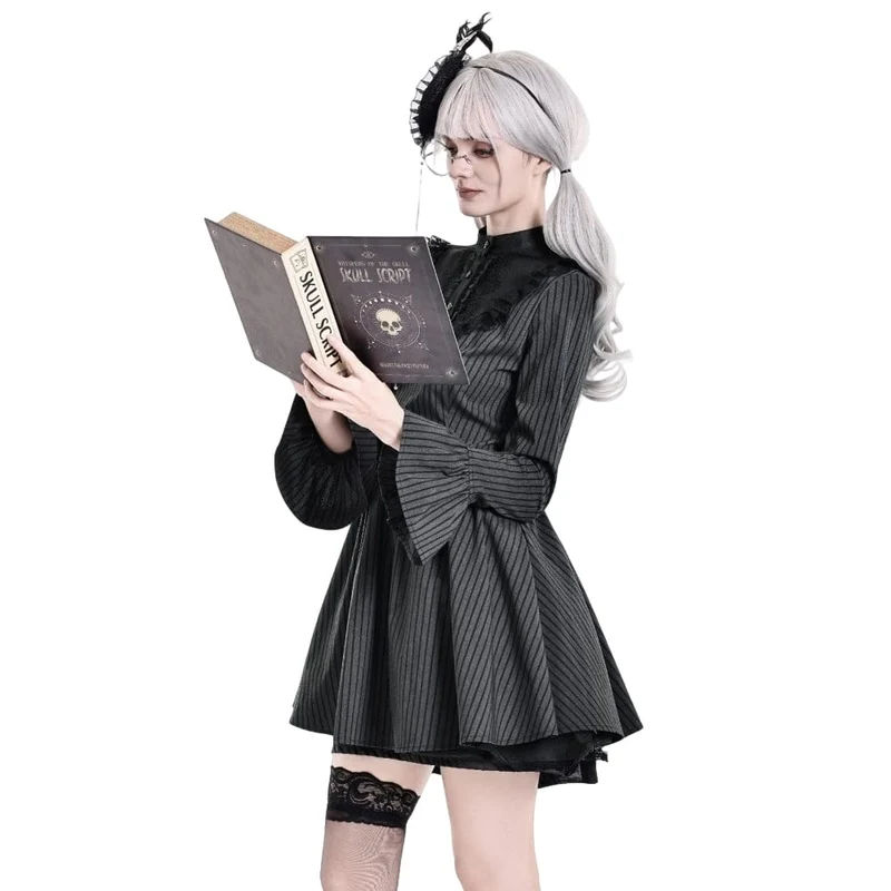 Gothic-Kleid für Damen mit Rüschen, Stehkragen, Nadelstreifen, langen Ärmeln und ausgestelltem Rock, Abschlusskleid