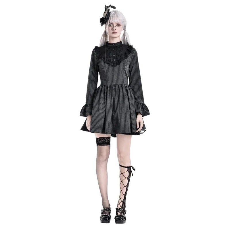 Gothic-Kleid für Damen mit Rüschen, Stehkragen, Nadelstreifen, langen Ärmeln und ausgestelltem Rock, Abschlusskleid