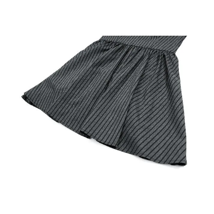 Gothic-Kleid für Damen mit Rüschen, Stehkragen, Nadelstreifen, langen Ärmeln und ausgestelltem Rock, Abschlusskleid