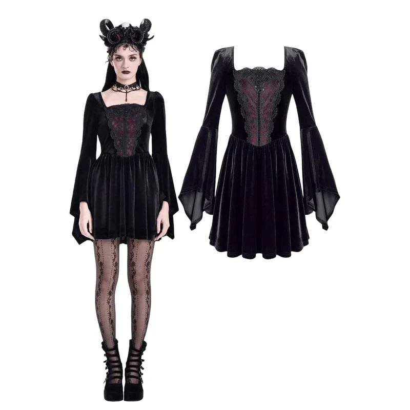 Gothic-besticktes, kurzes Samtkleid mit eckigem Ausschnitt, Glockenärmeln und Stickereien für Damen – Abschlusskleid