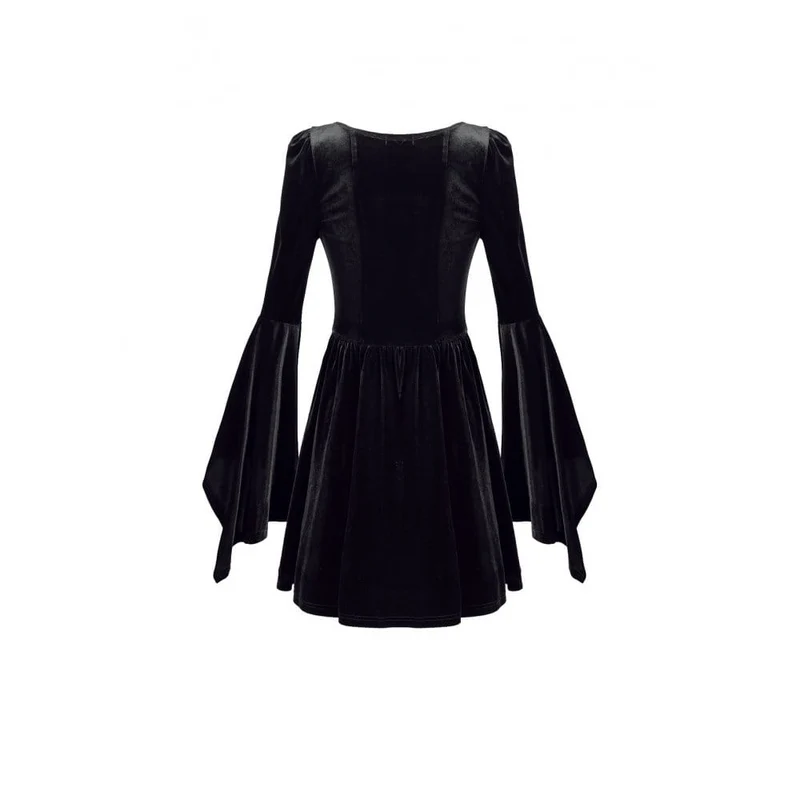 Gothic-besticktes, kurzes Samtkleid mit eckigem Ausschnitt, Glockenärmeln und Stickereien für Damen – Abschlusskleid