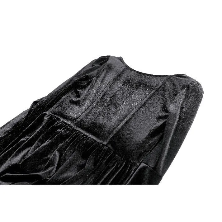Gothic-besticktes, kurzes Samtkleid mit eckigem Ausschnitt, Glockenärmeln und Stickereien für Damen – Abschlusskleid