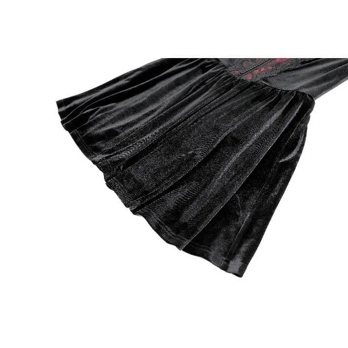 Gothic-besticktes, kurzes Samtkleid mit eckigem Ausschnitt, Glockenärmeln und Stickereien für Damen – Abschlusskleid