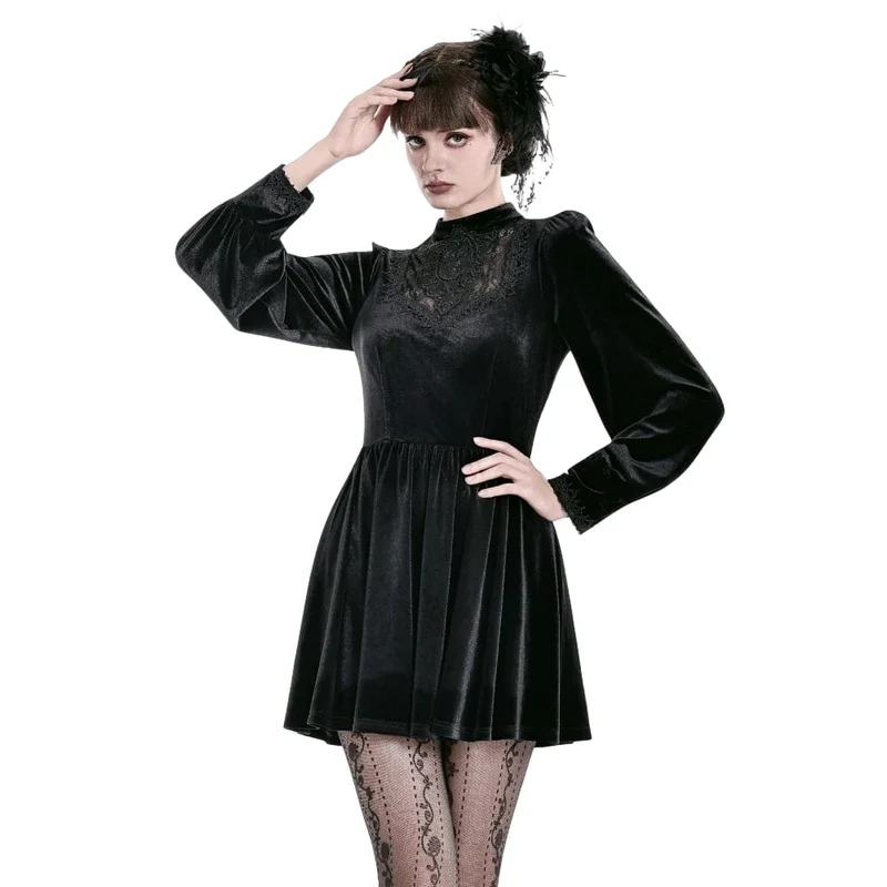 Gothic-Kurzkleid aus Samt mit Spitzenapplikationen, Stehkragen, Bischofsärmeln und Abschlusskleid für Damen