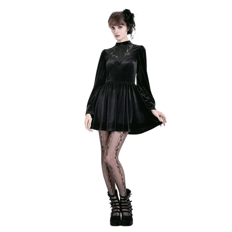 Gothic-Kurzkleid aus Samt mit Spitzenapplikationen, Stehkragen, Bischofsärmeln und Abschlusskleid für Damen