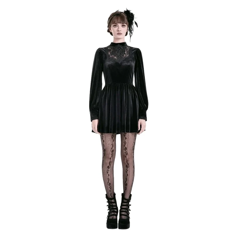 Gothic-Kurzkleid aus Samt mit Spitzenapplikationen, Stehkragen, Bischofsärmeln und Abschlusskleid für Damen