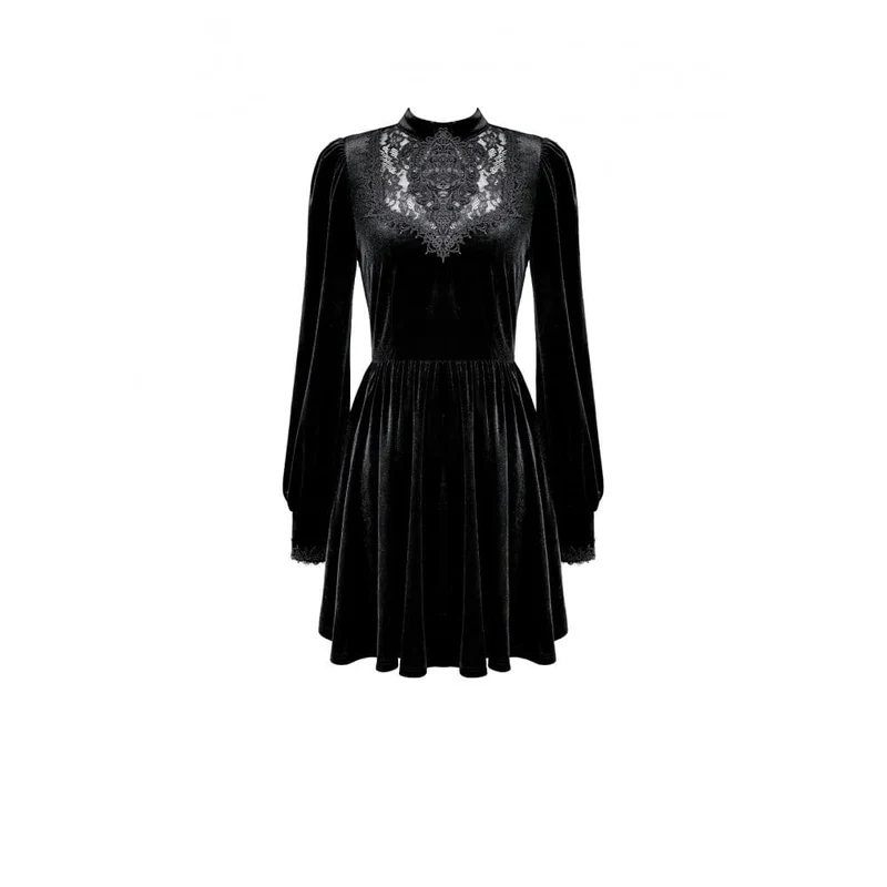 Gothic-Kurzkleid aus Samt mit Spitzenapplikationen, Stehkragen, Bischofsärmeln und Abschlusskleid für Damen