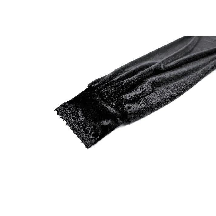Gothic-Kurzkleid aus Samt mit Spitzenapplikationen, Stehkragen, Bischofsärmeln und Abschlusskleid für Damen