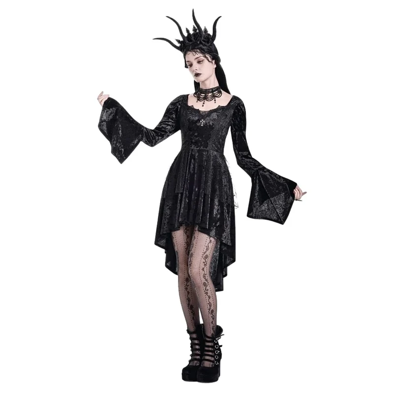 Gothic-Kleid für Damen mit Schnürung, asymmetrischem Saum, Puffärmeln und ausgestellten Ärmeln – ideal für Abschlussfeiern