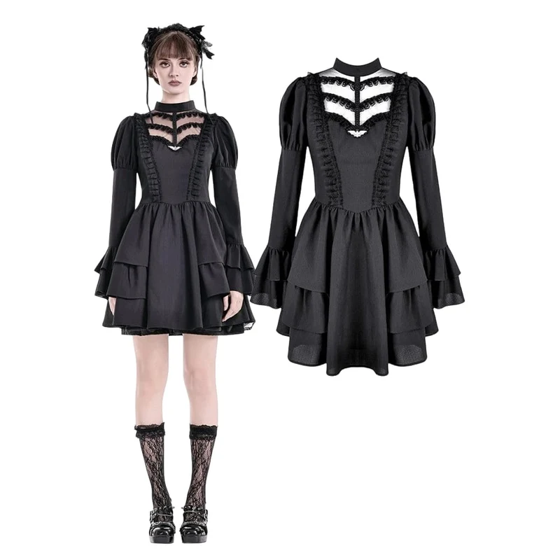 Gothic-Kleid für Damen mit Mesh-Einsätzen, Stehkragen, Stufenrock, Puffärmeln und kurzem Schnitt – ideal für Abschlussfeiern