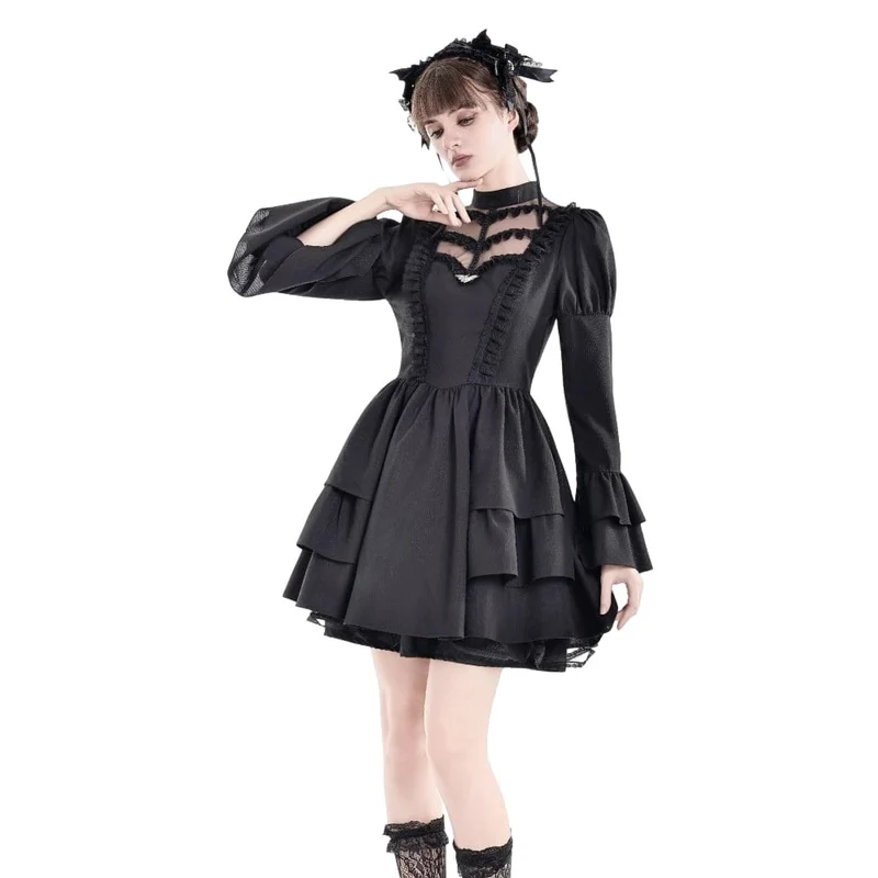 Gothic-Kleid für Damen mit Mesh-Einsätzen, Stehkragen, Stufenrock, Puffärmeln und kurzem Schnitt – ideal für Abschlussfeiern