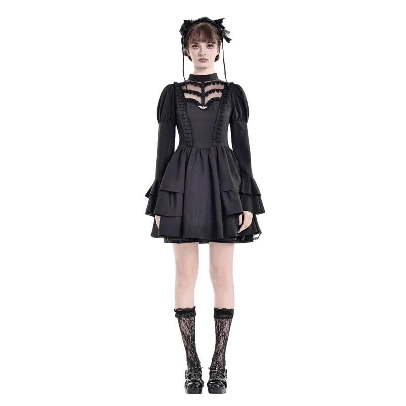 Gothic-Kleid für Damen mit Mesh-Einsätzen, Stehkragen, Stufenrock, Puffärmeln und kurzem Schnitt – ideal für Abschlussfeiern