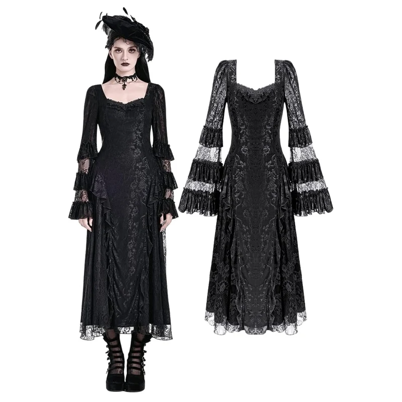 Gothic Maxikleid für Damen mit eckigem Ausschnitt, Jacquard-Stufenmuster, Glockenärmeln und Spitze aus Mesh