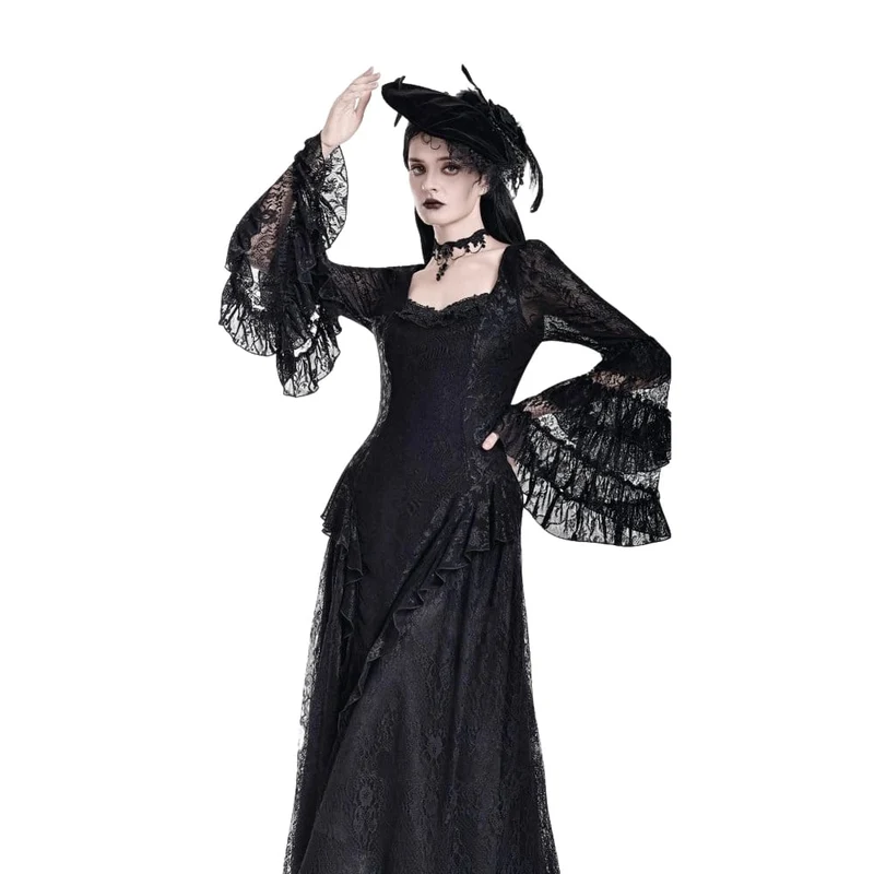 Gothic Maxikleid für Damen mit eckigem Ausschnitt, Jacquard-Stufenmuster, Glockenärmeln und Spitze aus Mesh