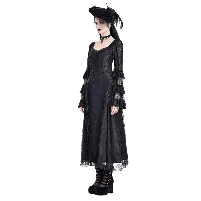 Gothic Maxikleid für Damen mit eckigem Ausschnitt, Jacquard-Stufenmuster, Glockenärmeln und Spitze aus Mesh