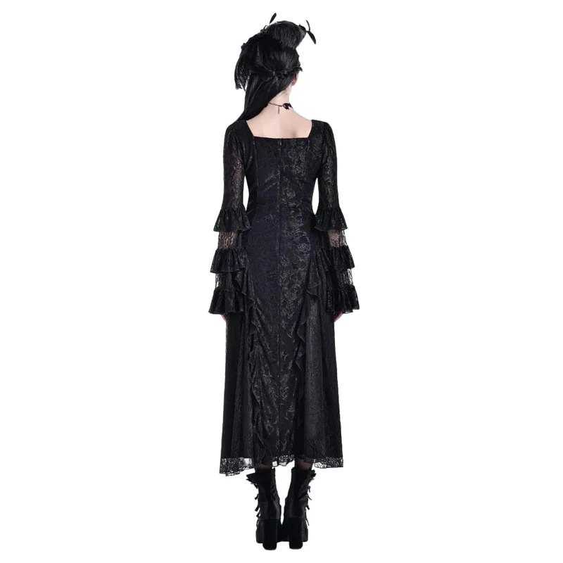 Gothic Maxikleid für Damen mit eckigem Ausschnitt, Jacquard-Stufenmuster, Glockenärmeln und Spitze aus Mesh