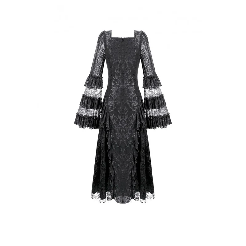 Gothic Maxikleid für Damen mit eckigem Ausschnitt, Jacquard-Stufenmuster, Glockenärmeln und Spitze aus Mesh