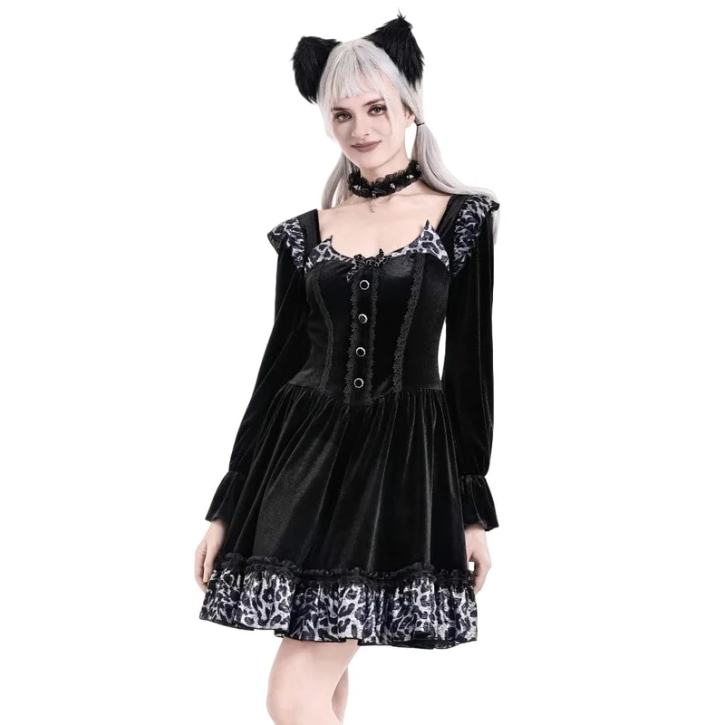 Gothic-Abendkleid für Damen mit Leopardenmuster, Rüschenbesatz und Bischofsärmeln aus Samt