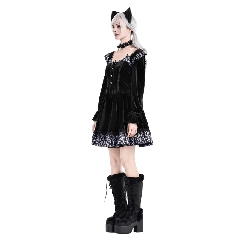 Gothic-Abendkleid für Damen mit Leopardenmuster, Rüschenbesatz und Bischofsärmeln aus Samt