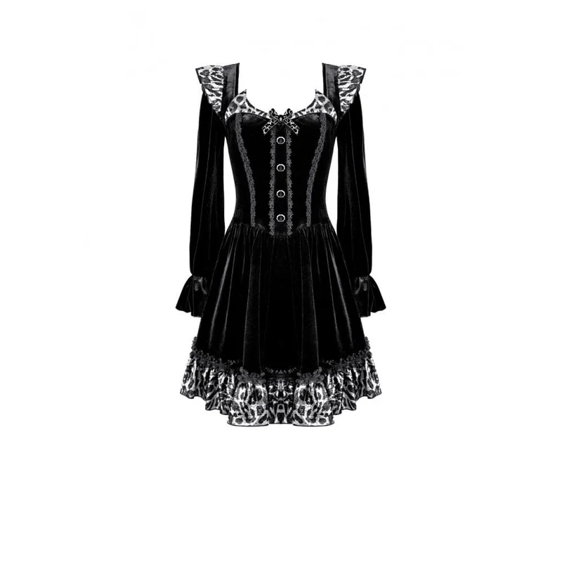 Gothic-Abendkleid für Damen mit Leopardenmuster, Rüschenbesatz und Bischofsärmeln aus Samt