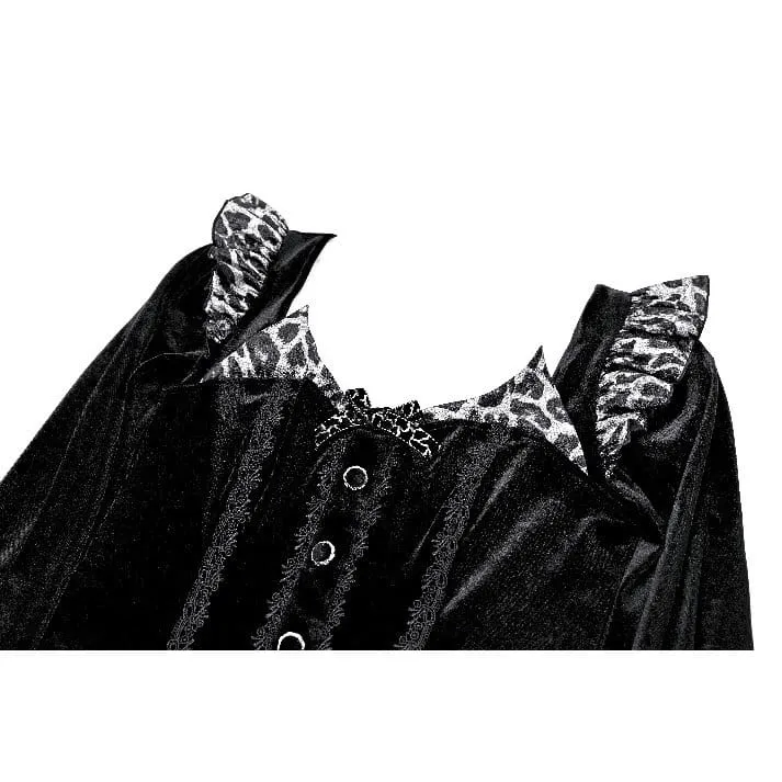 Gothic-Abendkleid für Damen mit Leopardenmuster, Rüschenbesatz und Bischofsärmeln aus Samt